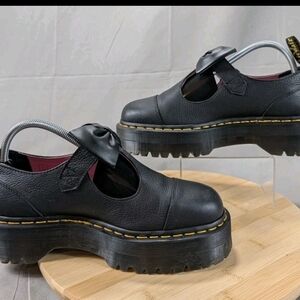 Dr. Martens X Lazy Oaf Black Platform Mary Jane's Shoes with Yellow Stitching